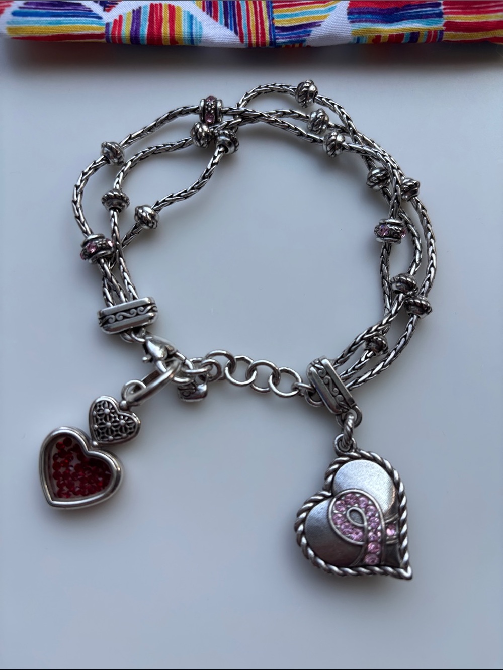 Brighton Sterling Silver Heart Charm Bracelet and Breast Cancer Survivor Ribbon